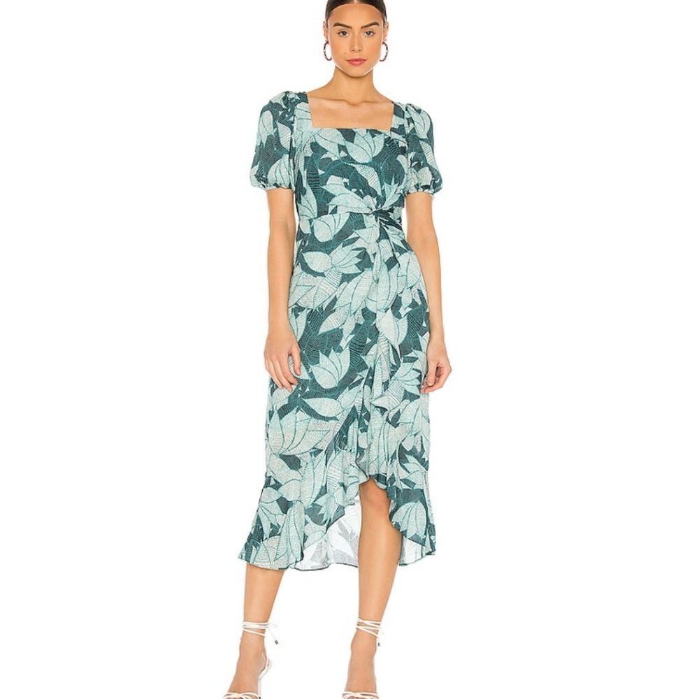 Parker 100% Silk Floral Palm Print High-Low Short Sleeve Midi Dress